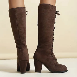 Damen Kniehohe Schnürstiefel | Blockabsatz