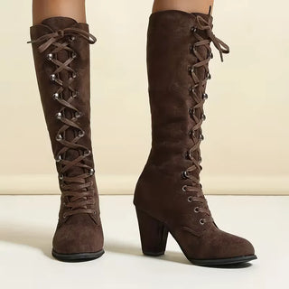 Damen Kniehohe Schnürstiefel | Blockabsatz