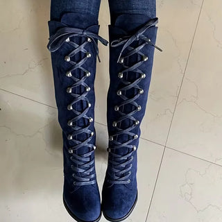 Damen Kniehohe Schnürstiefel | Blockabsatz