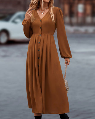 Damen Elegantes Langarm Herbstkleid | Knopfleiste