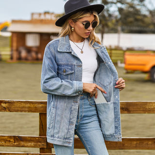 Veste longue en jean pour femme | Col à revers