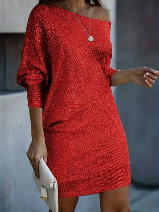 Damen Pailletten Partykleid Schulterfrei Mini – Rot