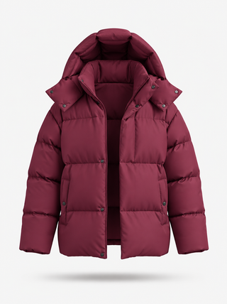 Damen Puffer Winterjacke Mit Kapuze – Weinrot