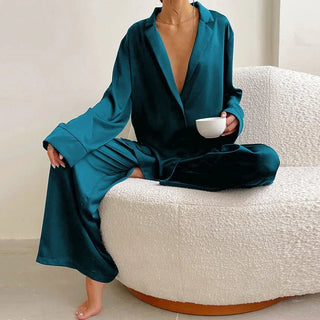 Damen Pyjama Set Hemdkragen Knopfleiste – Blau-Grün
