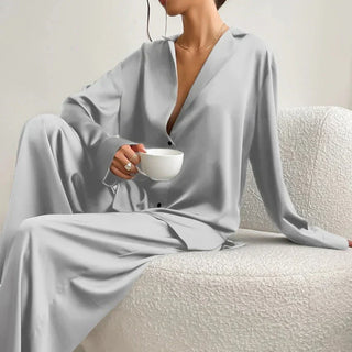Damen Pyjama Set Hemdkragen Knopfleiste – Hellgrau