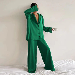Damen Pyjama Set Hemdkragen Knopfleiste – Grün