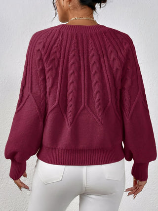 Damen Rundhals Zopfmuster Strickpullover | Ballonärmel
