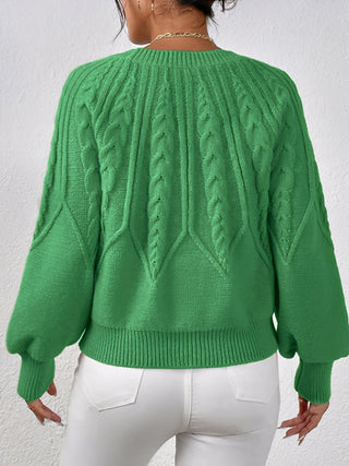 Damen Rundhals Zopfmuster Strickpullover | Ballonärmel