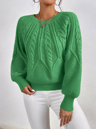 Damen Rundhals Zopfmuster Strickpullover | Ballonärmel