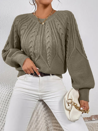 Damen Rundhals Zopfmuster Strickpullover | Ballonärmel