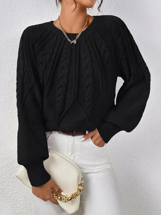 Damen Rundhals Zopfmuster Strickpullover | Ballonärmel