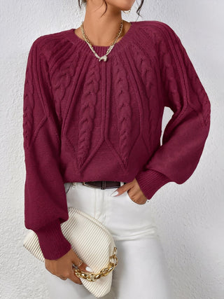 Damen Rundhals Zopfmuster Strickpullover | Ballonärmel