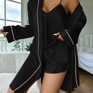 Damen Satin Morgenmantel Set Mit Unterkleid – Schwarz