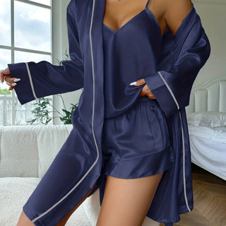 Damen Satin Morgenmantel Set Mit Unterkleid – Marineblau