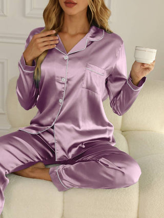 Damen Satin Schlafanzug Knopfleiste – Lila