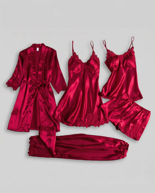 Damen Satin Schlafanzug Wickelschnitt V-Ausschnitt – Rot