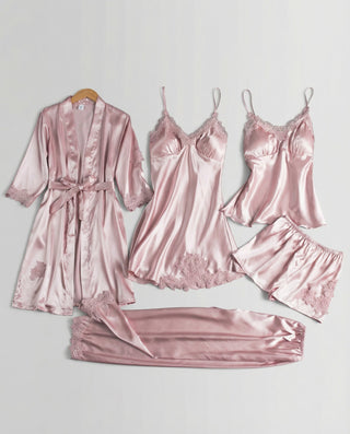 Damen Satin Schlafanzug Wickelschnitt V-Ausschnitt – Rosa