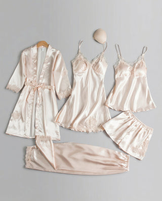Damen Satin Schlafanzug Wickelschnitt V-Ausschnitt – Creme