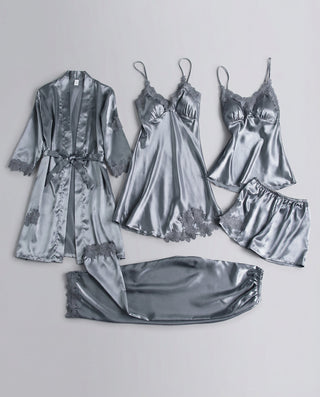 Damen Satin Schlafanzug Wickelschnitt V-Ausschnitt – Hellblau