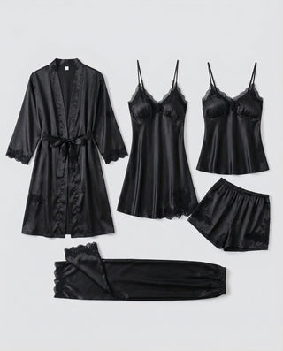 Damen Satin Schlafanzug Wickelschnitt V-Ausschnitt – Schwarz