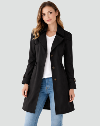 Damen Trenchcoat Elegant Tailliert Knielang – Black