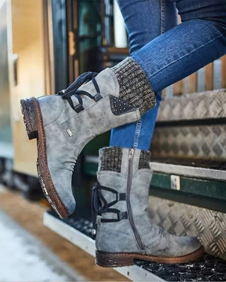 Damen Winter Schnürstiefel Mit Nieten – Grau