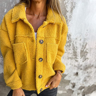 Damen Winter Teddy Fleecejacke Kapuze – Senfgelb-Gelb