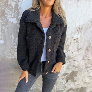 Damen Winter Teddy Fleecejacke Kapuze – Schwarz