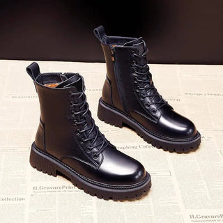 Damen Winterstiefel Leder Schnürung – Black