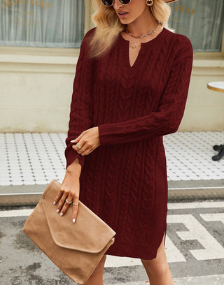Damen Herbst Zopfmuster Strickkleid | V-Ausschnitt