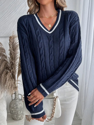 Damen Zopfmuster Strickpullover | V-Ausschnitt