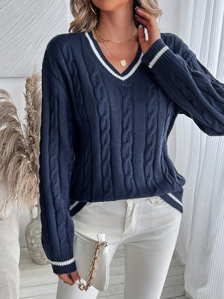 Damen Zopfmuster Strickpullover | V-Ausschnitt