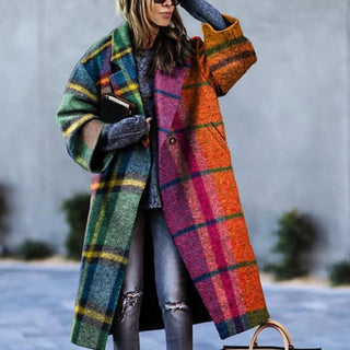 Women's Winter Long Coat | Checkered Pattern
