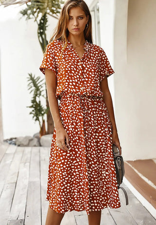 Damen Bedrucktes Midi Kleid mit Knöpfen | Taillengürtel