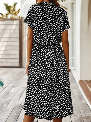 Damen Bedrucktes Midi Kleid mit Knöpfen | Taillengürtel