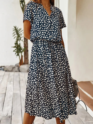 Damen Bedrucktes Midi Kleid mit Knöpfen | Taillengürtel