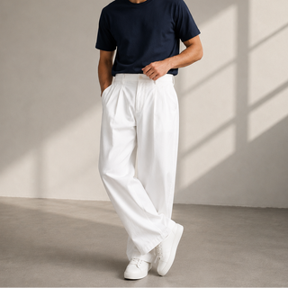 Herren Bundfaltenhose Breites Bein – White