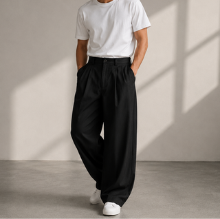 Herren Bundfaltenhose Breites Bein – Black