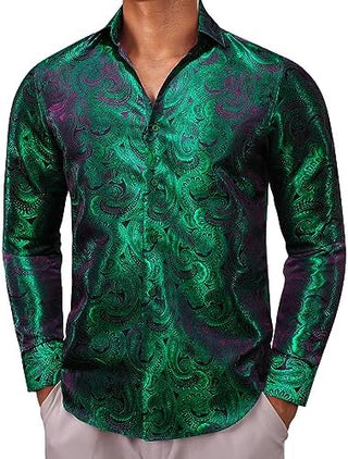 Herren Elegantes Satin Paisley Hemd Langarm – Green
