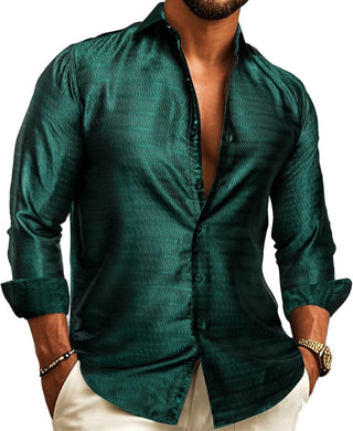 Herren Elegantes Satin Paisley Hemd Langarm – Dark Green