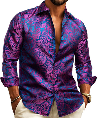 Herren Elegantes Satin Paisley Hemd Langarm – Purple B