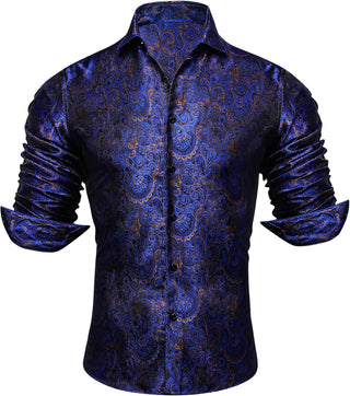 Herren Elegantes Satin Paisley Hemd Langarm – Royal Blue