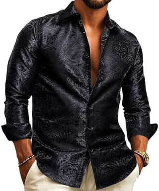 Herren Elegantes Satin Paisley Hemd Langarm – Black A