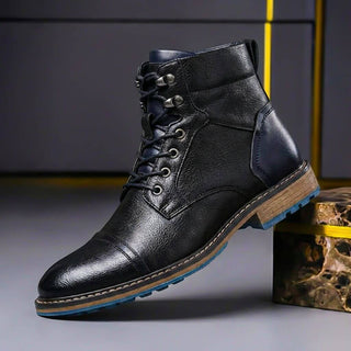 Herren Klassische Winter Lederstiefel Schnürung – Schwarz