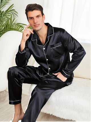 Herren Satin Schlafanzug Langarm – Schwarz