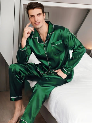 Herren Satin Schlafanzug Langarm – Grün