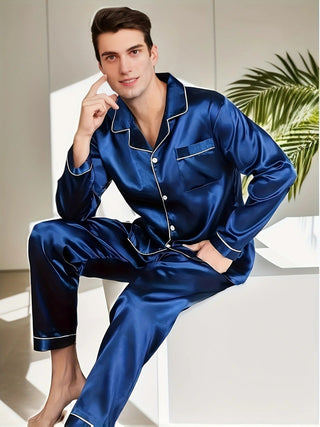 Herren Satin Schlafanzug Langarm – Dunkelblau