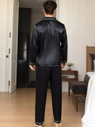 Herren Satin Schlafanzug Langarm – Detailansicht