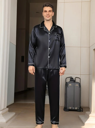 Herren Satin Schlafanzug Langarm – Detailansicht