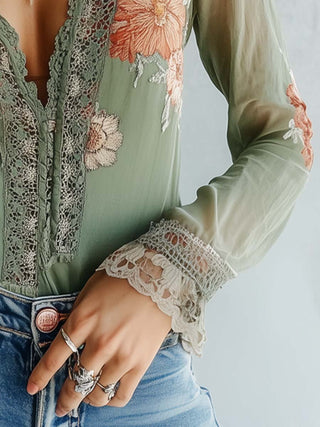 Damska bluzka boho w kwiaty | Z długim rękawem
